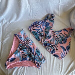 Pink and Blue Leaf Print Bikini Set